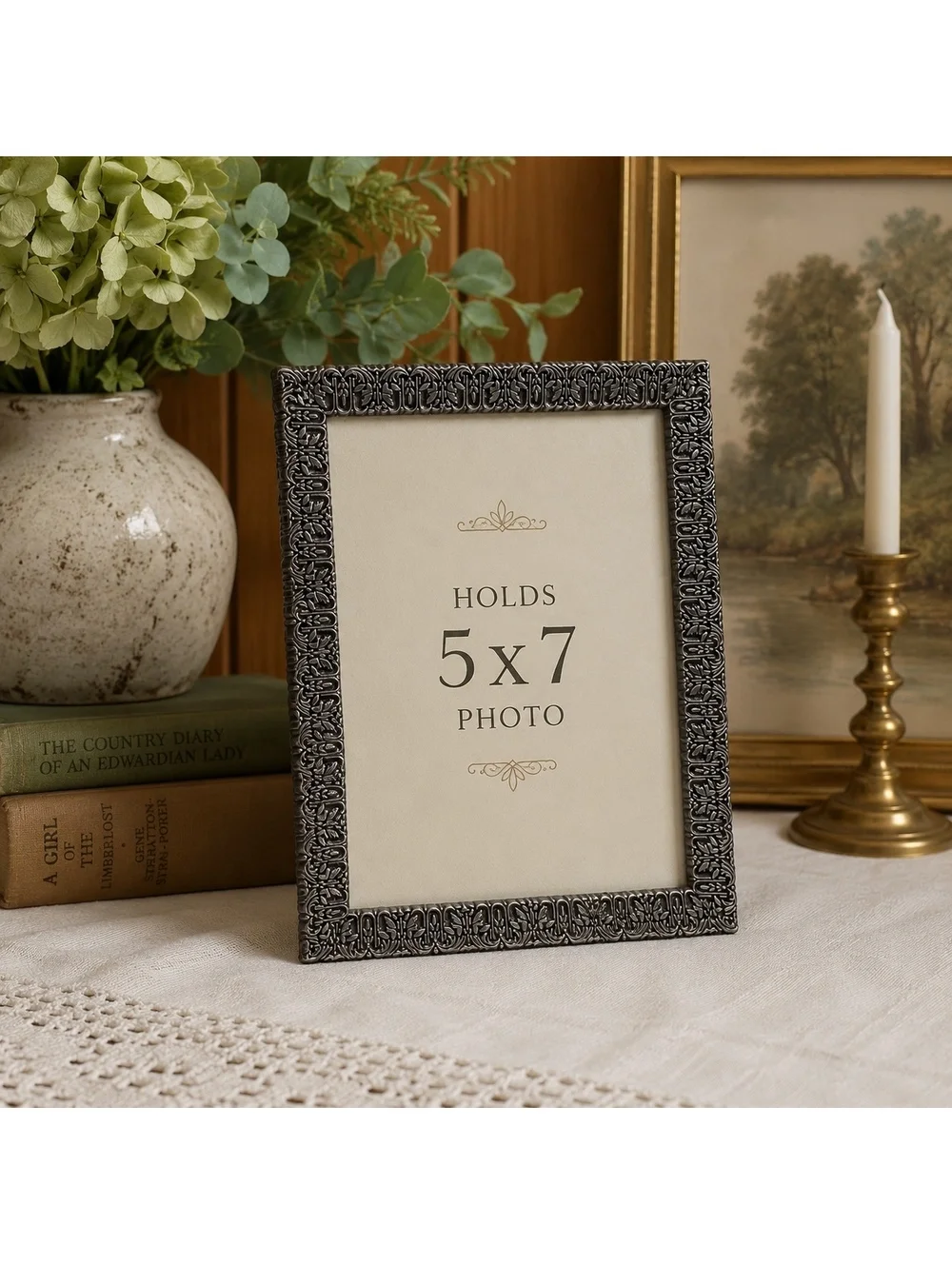 Vintage Ornate Pewter Tone 5x7 Picture Frame Made in Korea Floral Scroll Decor
